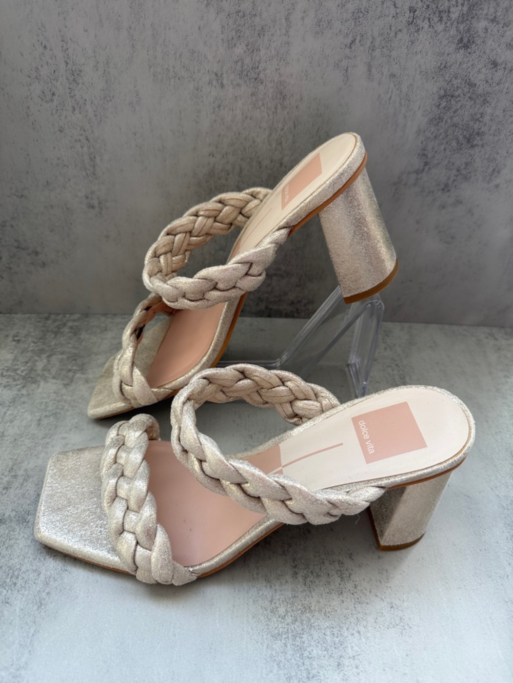 Dolce Vita Braided Metallic Block Heel Mules - Champagne Gold